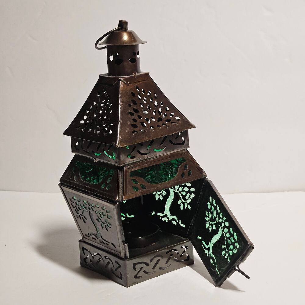 Vintage Pier 1 Imports Tree of Life Green Glass Moroccan Lantern